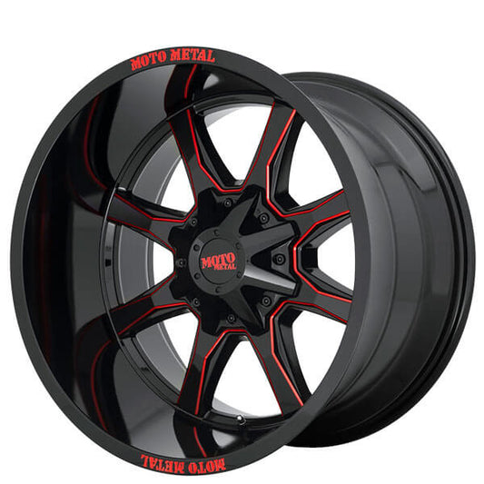 MOTO METAL WHEELS MO970 GLOSS BLACK MILLED WITH RED TINT & MOTO METAL ON LIP OFF-ROAD RIMS