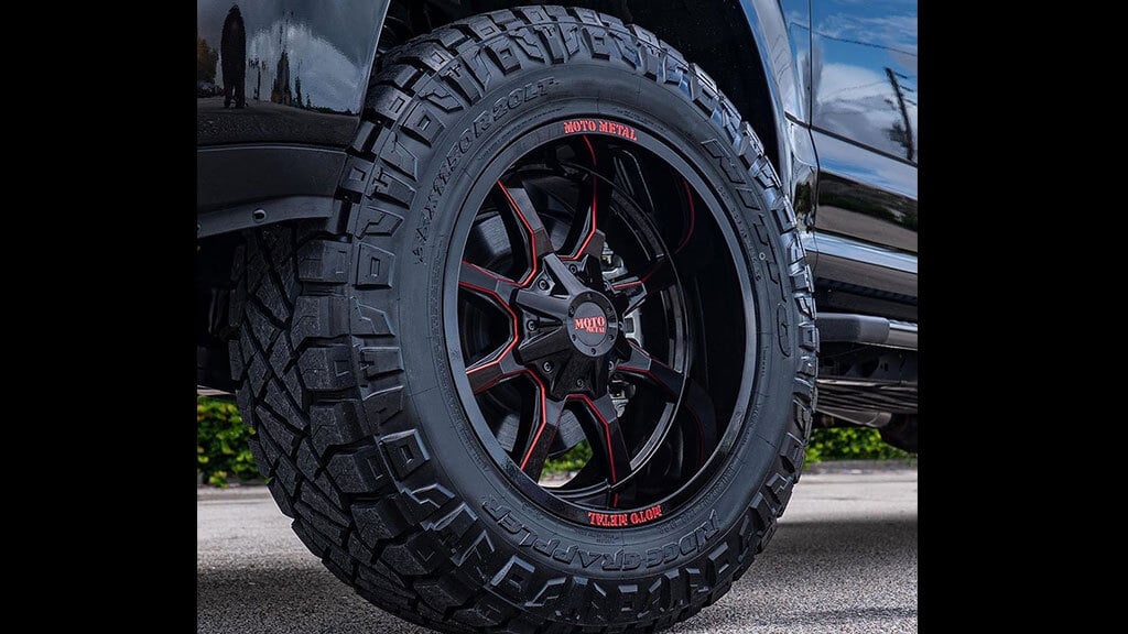 MOTO METAL WHEELS MO970 GLOSS BLACK MILLED WITH RED TINT & MOTO METAL ON LIP OFF-ROAD RIMS